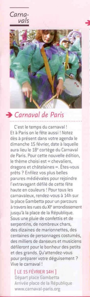 1 - Que tal Paris - Février 2015 - En plus de cet article, la 4ème de couverture reproduisait l'affiche du Carnaval de Paris 2015.